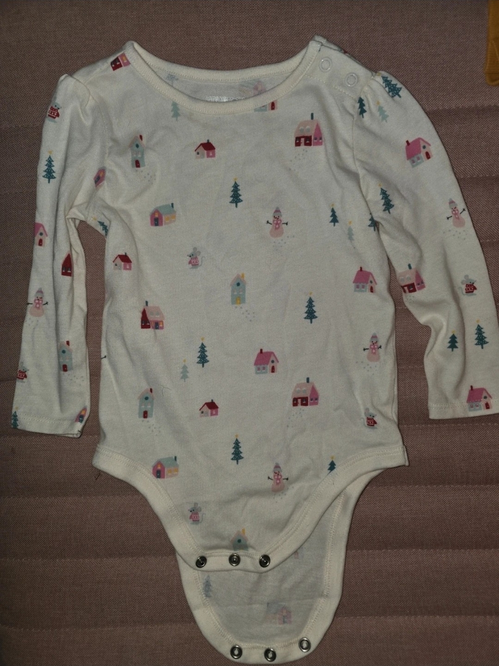 Baby Long-Sleeve One-Piece Bodysuit in Cream with Cottage Print